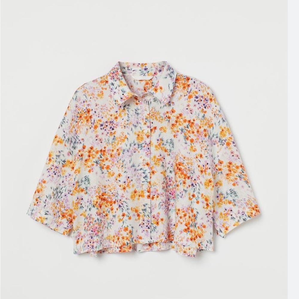 H&M - gently used - floral print linen collard crop top